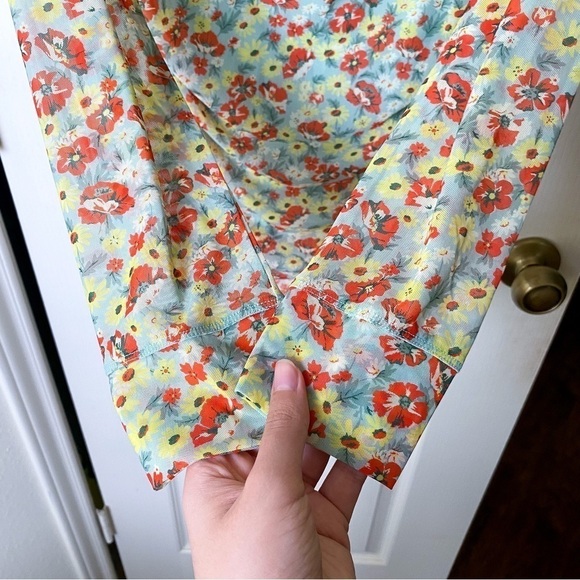 Ganni Top Printed Mesh Ruched Blouse Long Floral Sheer Meadow Celadon 42 NWT - Picture 5 of 8